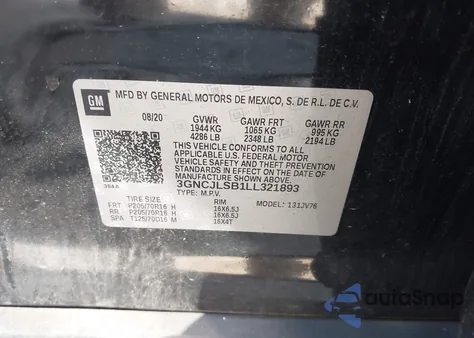 2020 Chevrolet Trax Fwd Lt z USA, uszkodzony, nr VIN 3GNCJLSB1LL321893